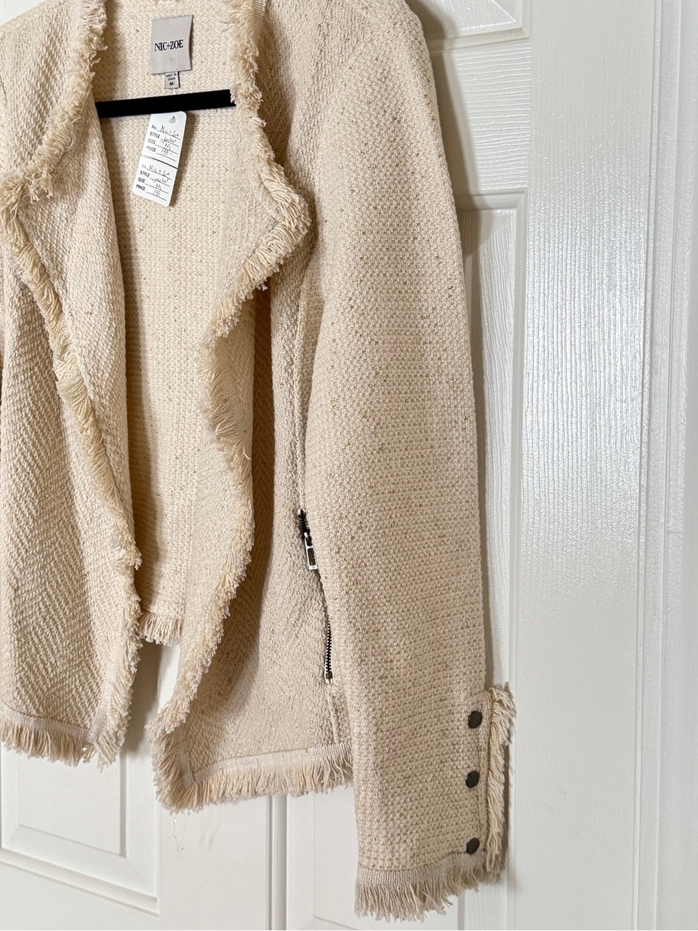 NIC+ZOE Cream Fringe Open Front Tweed Knit Jacket Medium Metallic Zip Pockets - Picture 3 of 8